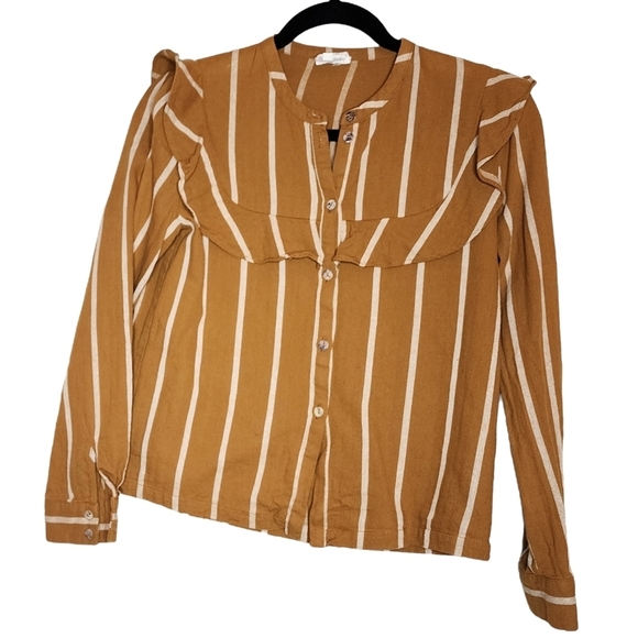 dRA linen/cotton mustard yellow/brown long sleeve blouse. - Picture 8 of 16